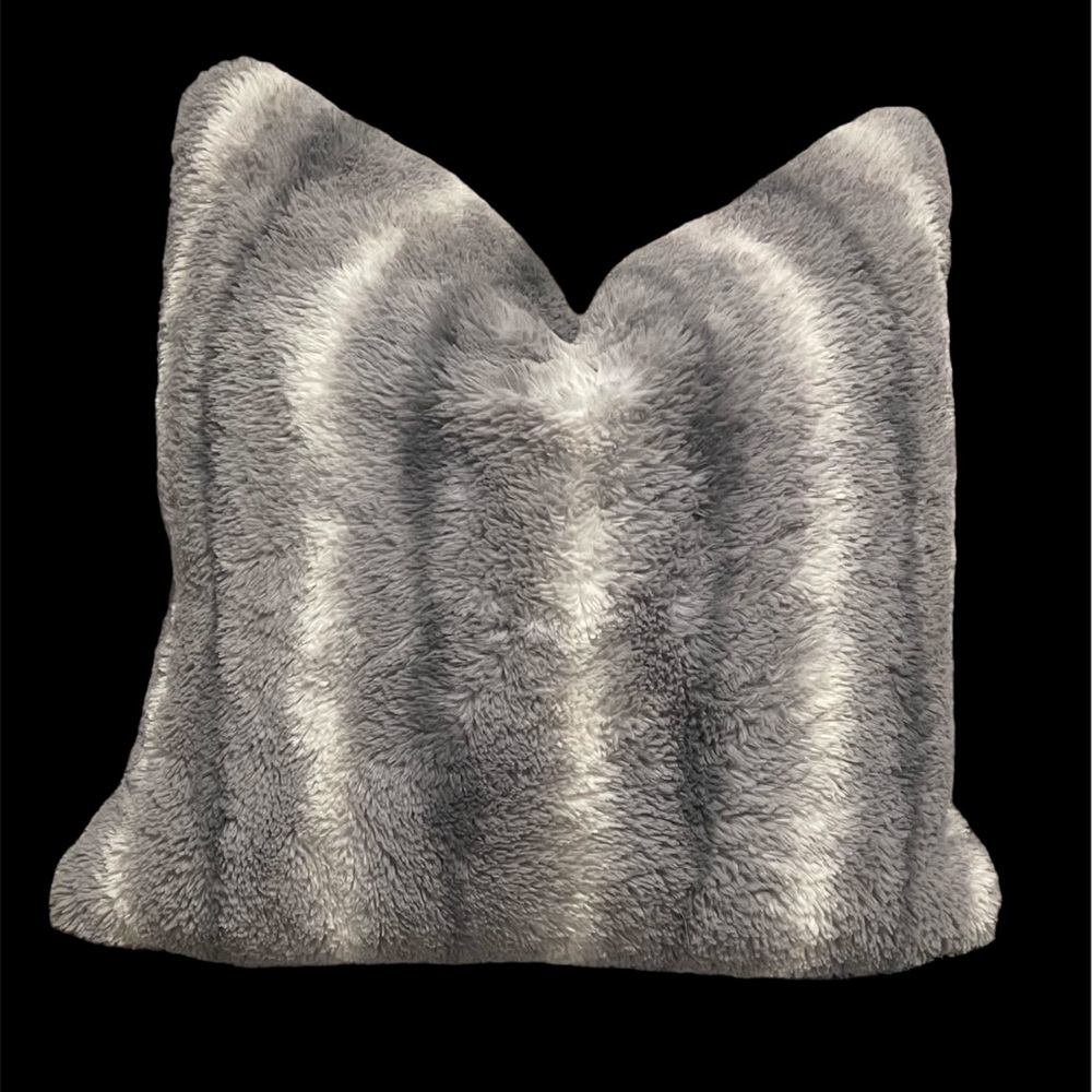 Large Gray Striped Faux Fur Down Feather Pillow 18”